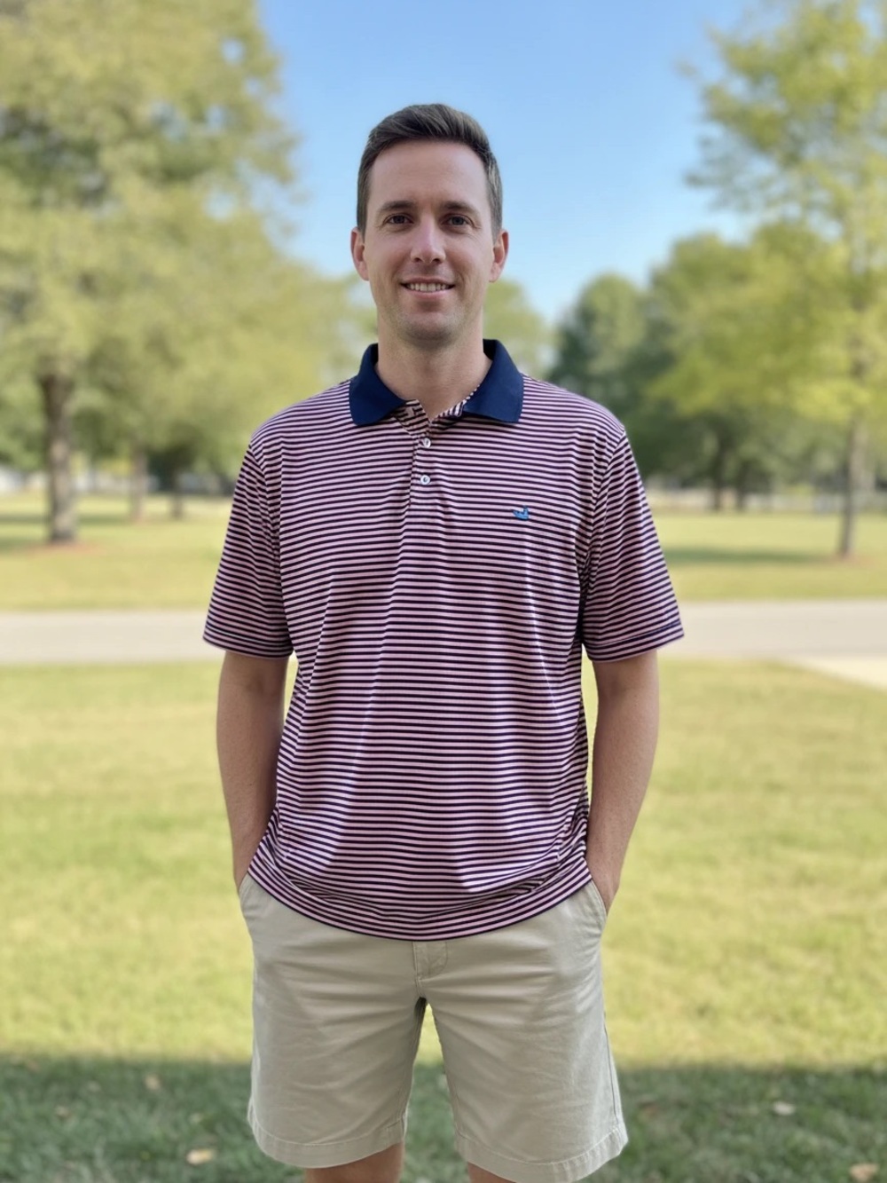 Southern Marsh Men’s Pink/Navy Striped Performance Polo. Size XXL